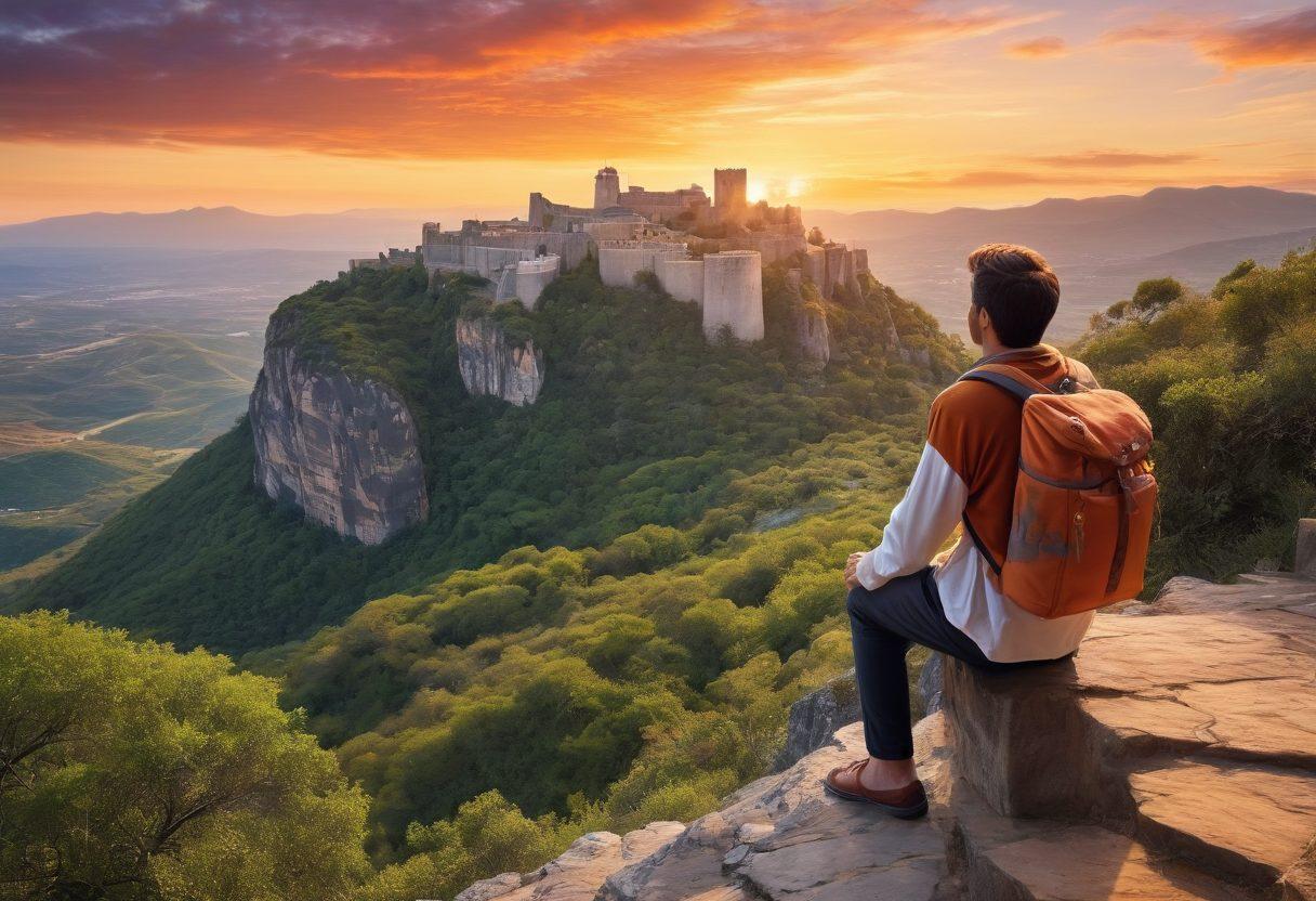 A breathtaking view of Monte Castelo with a historic fortress perched atop, surrounded by lush greenery and dramatic cliffs. An adventurer with a backpack admires the landscape, capturing the essence of exploration. Cultural artifacts like pottery and traditional attire are scattered around, hinting at local heritage. A vibrant sunset in the background adds warmth and magic to the scene. super-realistic. vibrant colors. adventurous theme.