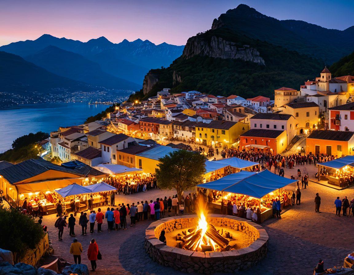 A breathtaking landscape of Monte Castelo featuring vibrant markets filled with colorful local crafts, traditional cuisine being prepared, scenic mountain views in the background, and diverse groups of travelers enjoying the culture and scenery. Captivating activities like dancing and storytelling around a campfire should be depicted. super-realistic. vibrant colors. panoramic view.