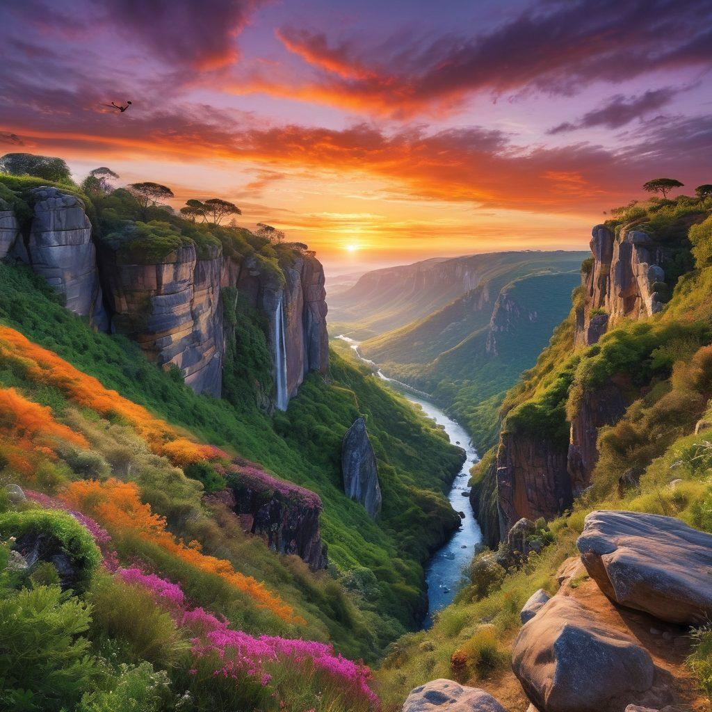 A breathtaking landscape of Monte Castelo, showcasing lush green hills, dramatic cliffs, and a cascading waterfall under a vibrant sunset sky. Adventurers are seen hiking, capturing the thrill of exploration and connection with nature. The scene is alive with wildlife, including soaring birds and playful deer, inviting the viewer to embark on their own adventure. The atmosphere is filled with a sense of awe and tranquility. super-realistic. vibrant colors. wide angle.